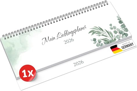 PRIMUS PRINT Tischkalender 2026 Quer Wochenkalender – 112 Seiten Terminkalender und Jahreskalender – 297x130mm – 75g Naturpapier, Drahtkammbindung, Feiertage und Schulferien - [Einzeln - Eukalyptus]