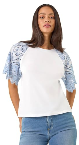 Dusk Fashion Broderie Contrast Sleeve Top for Women UK - Ladies Everyday Holiday Spring Summer Round Neckline Comfy Soft Evening Vacation Work Party - White - Size 14