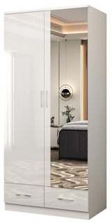 GLOSSIQUE 2 Door Wardrobe with Mirror and Drawers, High Gloss MDF Mirrored Wardrobe for Bedroom with 2 Drawer 6 Shelves & Hanging Rail - White 90cm