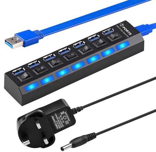 Powered USB Hub 7 Port 3.0 with Individual Switches, Powered USB C Hub and Fast Data Transfer, USB 3 Hub with LED Indicators for Laptop, Desktop, PC, Mac, PS5, Xbox