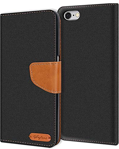 Conie iPhone 6, iPhone 6S Hülle für iPhone 6, iPhone 6S Tasche, Textil Denim Jeans Look Booklet Cover Handytasche Klapphülle Etui mit Kartenfächer, Schwarz