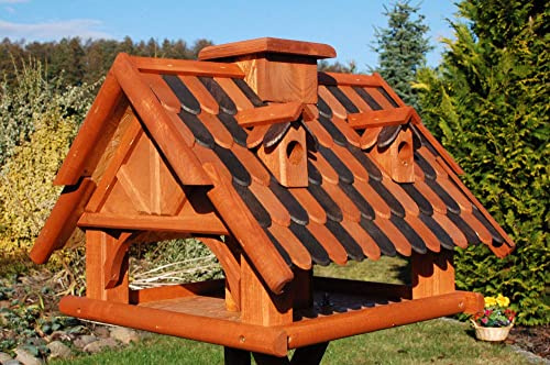 Vogelhaus Futterhaus Futterhäuschen Vogelvilla mit Holzschindeldach in versch. Farben und Solarbeleuchtung, wahlweise mit oder ohne Vogelhausständer V19, Farbe|Größe:Braun/Schwarz|ohne Ständer