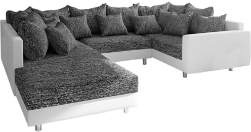DELIFE Couch Clovis Weiss Schwarz mit Hocker und Armlehne Wohnlandschaft