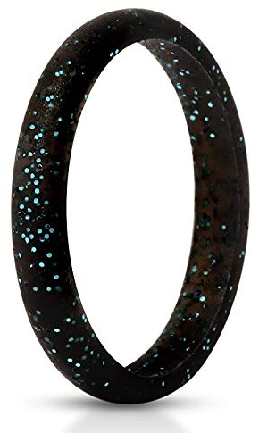 JewelryWe Schmuck Silikon Ehering für Frauen, 2.7mm schmale Gummi Hochzeit Bands Gummibänder Ring Schwarz mit Glitzer für Sport und Outdoor, Größe 57