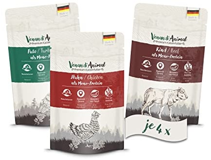 Venandi Animal - Premium Nassfutter für Katzen, Probierpaket I, Huhn, Pute, Rind, 12 x 125 g (12er Pack), getreidefrei und naturbelassen
