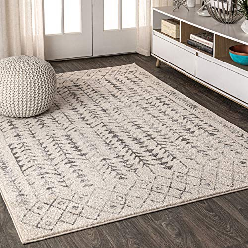 JONATHAN Y MOH210A-8 Ziri Marokkanischer Geometrischer Teppich für den Innenbereich Bohemian Minimalistisch, pflegeleicht, Schlafzimmer, Küche, Wohnzimmer, nicht fusselnd, 240 cm x 300 cm, Creme, Grau