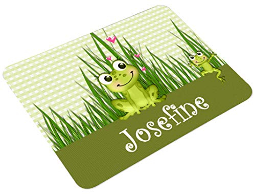 CreaDesign Personalisiertes Kinder Frühstücksbrett mit Namen, 20x25 cm, rutschfestes Schneidebrett aus Kunststoff, Frosch Design, spülmaschinen & mikrowellengeeignet, Schneidbrett für Kinder
