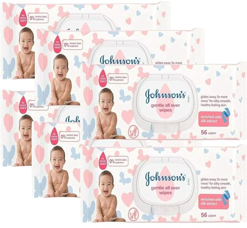 Johnson's Baby Wipes Gentle All Over, No Alcohol and Dyes, Flip Top, With Silk Extract, 56 Count (Pack of 6)