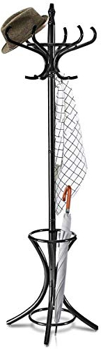 COSTWAY 184cm Garderobenständer mit Schirmhalter, Jackenständer mit 12 Kleiderhaken, Kleiderständer aus Holz, Garderobe Standgarderobe für Flur, Wohnzimmer und Schlafzimmer (Schwarz)