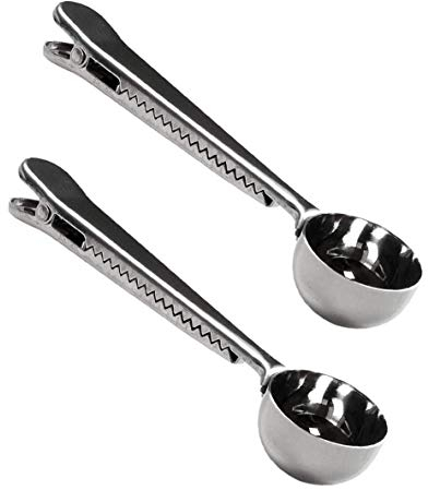 XLKJ 2 Pcs Cuchara Medidora para Café, Cuchara de Té de Acero Inoxidable 2 en 1, Cuchara Dosificadora de Café, Cuchara de Café Acero Inoxidable con Pinza