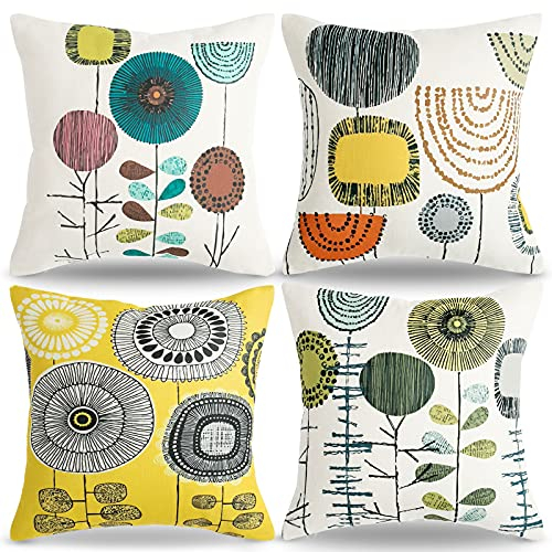 RYBornament Kissenbezug 45x45 Zierkissen Sofakissen Blumen Kissenhüllen Gelb Kissen Leinen Kissen Quadratischer Dekokissenhülle für Sofa Gartenbett Schlafzimmer Couch Kissen