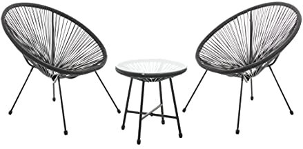 EVRE Goa Black Acapulco Styled Egg Shape Conversational Garden Furniture Bistro Patio Outdoor Set For Balconies Gardens Terraces 2 Chairs 1 Glass Top Table