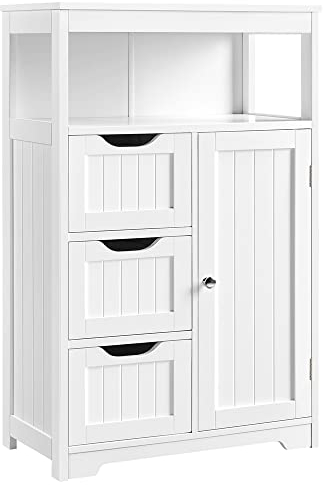 Yaheetech Meuble/Commode de Salle de Bain en Bois, 55,5 x 29,5 x 86,5 cm, avec 3 Tiroirs, 1 Placard, 1 Compartiment Ouvert, Salon, Cuisine, Couloir Blanc
