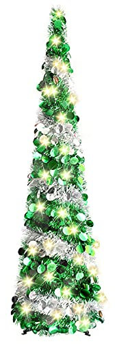Artificial Collapsible Tinsel Christmas Trees with Lights, 5ft/1.5m Pop Up Pencil Christmas Trees, Glittering Sparking Xmas Decoration Tree with Stand (Green Silver)