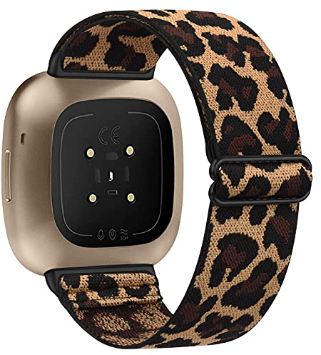 Vancle Elastische Armband Kompatibel für Fitbit Versa 3 Armband/Fitbit Sense Armband, Verstellbares Nylon Dehnbar Ersatzarmband für Fitbit Versa 3/Fitbit Sense (Leopard)