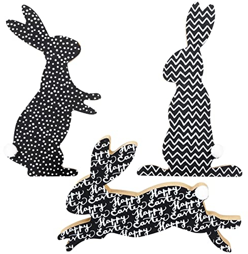 Osterdeko aus Holz - Holzaufsteller Hase mit Puschelschwanz - 15x8 cm - 2cm dick - Dekoration zum Osterfest - schwarz mit Pompom - wiederverwendbar