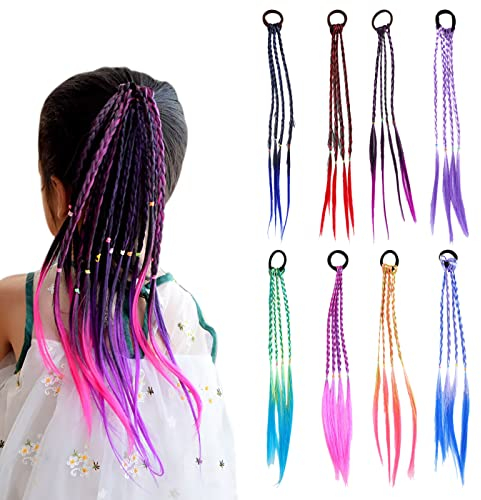 Greyoe Buntes geflochtenes Haar,Bunte Haarsträhnen Kinder, 8PCS Haarteile Twist Braid mit elastischem Seilband für Mädchen Frauen Party Geburtstag Vergnügungsparks und Reisen (Mehrfarbig)