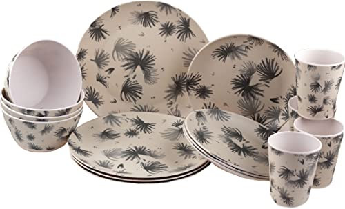 BWG Melamine Plastic Dinner Set - Grey Daisy Design Plate Cup Bowl (16 Piece Set)