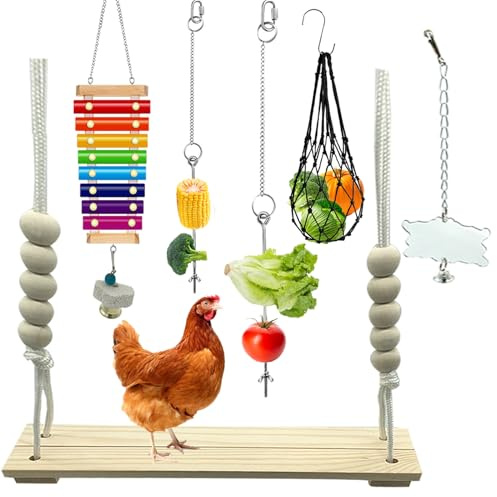 KIEYYRYT 6 Packs Chicken Toys for Coop Accessries, Chicken Swing Toys for Chicken Hens, Chicken Xylophone Toys and Mirror, Vegetable Hanging Feeder, Veggies Skewer