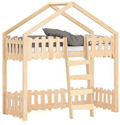 WNM Group Hochbett 180x80 cm Tessa - Kinderbett mit Rausfallschutz und Lattenrost - Absturzsicherung Hochbett mit Leiter - Sicher Hausbett - Kinderhochbetten - Natürliche Kiefer