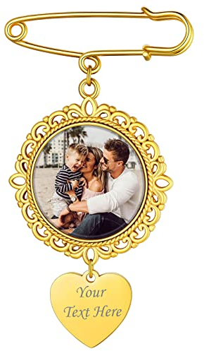 Custom4U Personalisierte Damen Foto Brosche Pin mit Gravur Memorial Rund Brosche Brautstrauß Anhänger mit Bild Gold Clip Schmuck DIY Frauen Mädchen Brosche Nadel Pullover Schal Clips