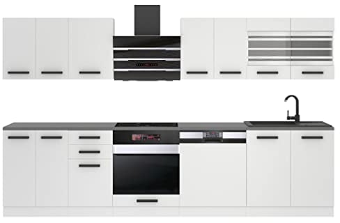 BELINI | Küchenzeile Küchenblock Lucy - Küchen-Möbel 300 cm | Küche komplett ohne Elektrogeräten mit Hängeschränke und Unterschränke | Ohne Arbeitsplatten | Weiß matt