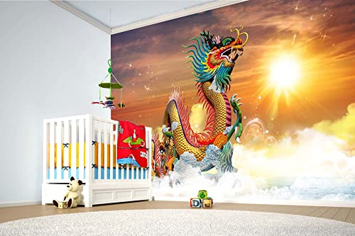 Vlies Fototapete CHINESISCHER DRACHE BEI SONNENUNTERGANG 375 x 250 cm (inkl. Kleister) - Vlies Tapete, Wandtapete, Wandbilder - Tapete für Wohnzimmer Schlafzimmer, Büro, Küche - Montagefertig