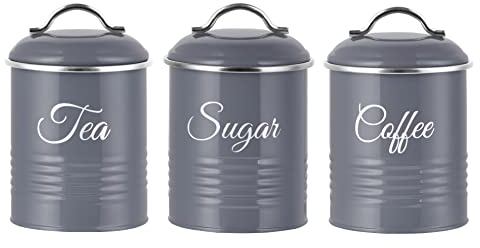 Innoteck Essentials Tea, Coffee, Sugar, Canister Set - Decorative Kitchen Food Storage - Easy to Open Airtight Lids - Storage Tin for Your Favorite Tea, Sugar, & Coffee - Set of 3 Canisters, Dark Grey