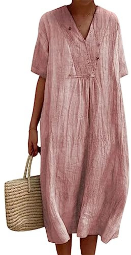 Onsoyours Robe Cotton en Line Col en V Ete Grande Taille Robe Rétro Mini Robe Lâche Couleur Unie Boho Ete Mi-Longue Dress pour Fêter Robe de Vacances à la Plage A Rose XL