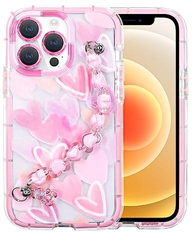 YEPO For iPhone 12 Pro Case Cute Wrist Strap, Pink Heart Design Soft TPU Shockproof Protective Clear Phone Cases for iPhone 12 Pro Girls Women