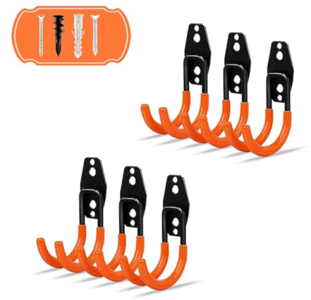 Reehi Garage Hooks, Heavy Duty Garage Storage Wall Hooks,Steel Tool Hooks for Hanging,shed Hooks for Garden Tools,Bulk Items(2.7 * 1.6 * 4.5inch), SMALL J HOOK 6P, Orange