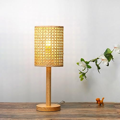 GUANSHAN Handgefertigte Rattan-Tischlampe, Nachtlicht, Wabi-Sabi-Stil, Rattan-Nachttischlampe mit Holzsockel, Tischleuchte, dekorative Tischbeleuchtung für Schlafzimmer, Wohnzimmer, Stil 2