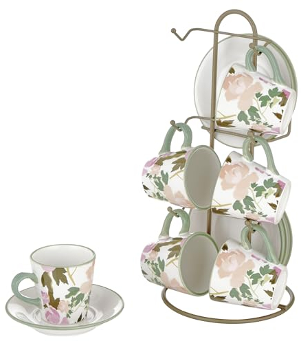 Baroni Home Juego de tazas decoradas de cerámica con platos y soporte, accesorio de cocina colorido resistente, línea Rose, 15 x 13 x 29 cm