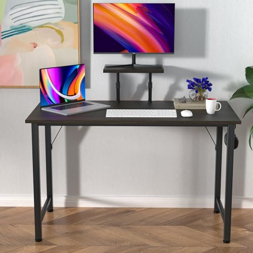 Scrivania Computer, Tavolo da Ufficio Salvaspazio, Scrivanie con Staffa per Alzata Staccabile+1 ganci, 100x50cm Tavolo da Lavoro Facile da Montare, Adatto per Ufficio Soggiorno Cameretta,Nero