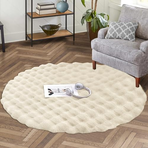 Tospass Wohnzimmer Teppich Rund 160cm Beige Weiß - Modern Einfach Unifarbener Flauschig Hochflor Fellteppich für Schlafzimmer Kinderzimmer - Weich Rutschfest Waschbar