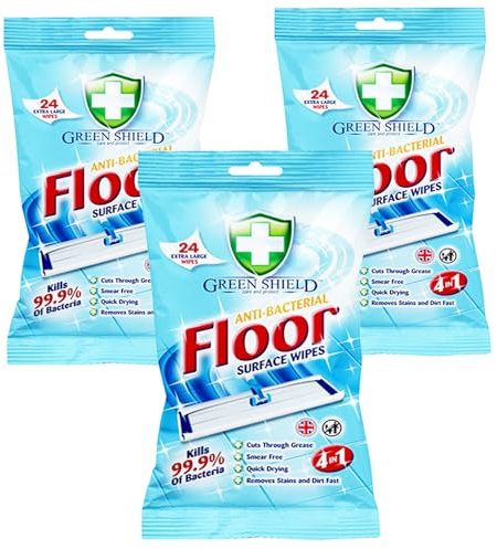 Green Shield Antibacterial Extra Large Floor Wipes, Floor Surface Cleaning Wipes for Wood Floor, Dust Magnet Quick Drying & Suitable for All Floors - Tiles, Laminate & Wooden Floor Wipes (72 Wipes)