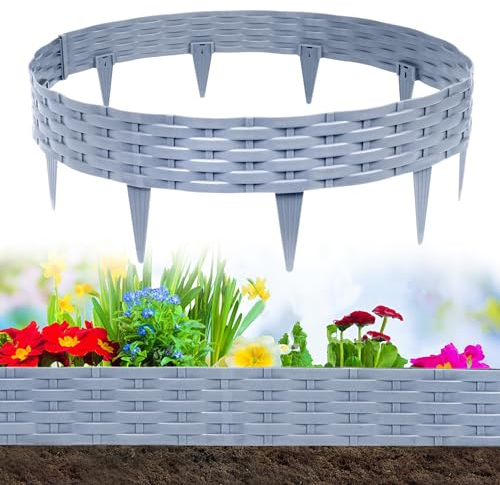 YUENFONG 10m Beeteinfassung Rasenkante Biegbarer Beetumrandungen Kunststoff Rasenkanten, Rattan-Optik Zaun Gartenpalisade Beetbegrenzung, 10 Elemente á 100cmX20cm, Grau