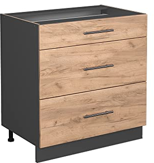 Vicco Küchenunterschrank Fame-Line, Goldkraft Eiche/Anthrazit, 80 cm mit 3 Schubladen, AP Eiche