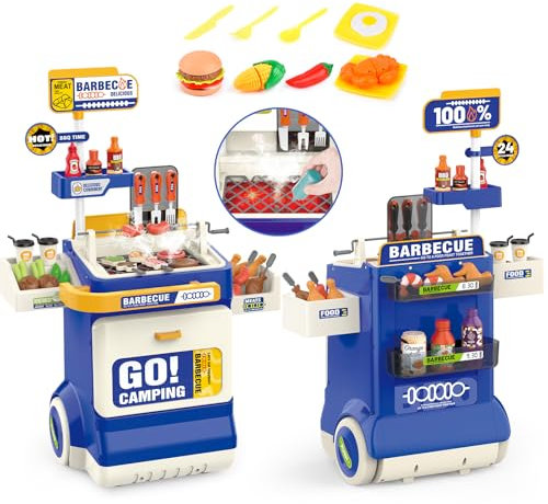 Barbecue Grill Toy Set, Kids BBQ Kitchen Playset with Smoke, Sound& Light, Pretend Play Food Barbecue Cooking Game Toys,Indoor&Outdoor Play Grill Cart Toy Gift for Kids Boys Girls Ages 3+ (Blue)