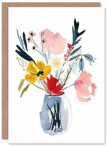 Artery8 Greeting Card Spring Wildflower Bouquet in Vase Watercolour For Her Woman Mother's Day Card