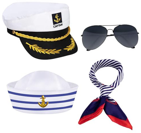 Spinosaurus 4 Stück Kapitänsmütze Zubehör für Erwachsene,Yacht Matrosenmütze Halstuch Seide Sonnenbrille Captain Sailor Hat Fastnacht Kostüm Zubehör