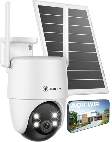 COCOCAM 24/7 Grabación AOV Camara Vigilancia WiFi Exterior Solar con 10000mAh Batería 8W Panel Solar, 2K PTZ, Detección IA, Seguimiento IA, Visión Nocturna 30 Metros, Audio Bidireccional, IP66