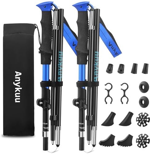 Anykuu Wanderstöcke Faltbar 2PCS Walking Stöcke Verstellbar 110-130cm Ultraleichte Trekkingstöcke mit 6 Paar Zubehör Hiking Poles Aluminium für All Terrain Walking Poles zum Wandern Skifahren