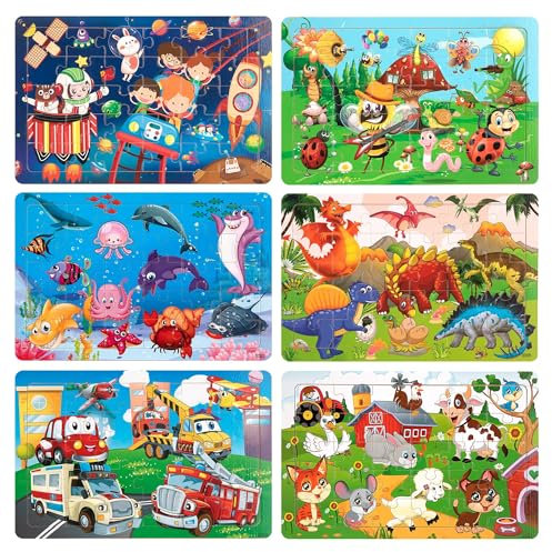 Holzpuzzle Kinder, 6 Stück 30-Teilige Puzzle Tiermuster Pädagogisches Holzspielzeug Montessori Lernspielzeug Steckpuzzle Geschenk für Jungen und Mädchen ab 3 4 5 6 Jahren