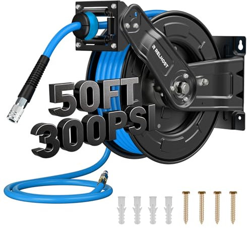 Relhost Retractable Air Hose Reel, 50 ft x 3/8 in Hybrid Air Hose Max 300PSI, Heavy Duty Air Compressor Hose Reel with Auto Rewind, Ceiling/Wall Mount for Garage, Workshop, Home Studio
