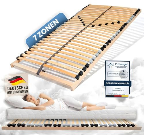 Coemo Lattenrost starr Ergo NV 90 x 200 cm 7-Zonen 28 Leisten Mittelzonenverstellung, Härtegrad einstellbar auch für Doppelbetten - für alle Matratzenarten | Schlaftypen