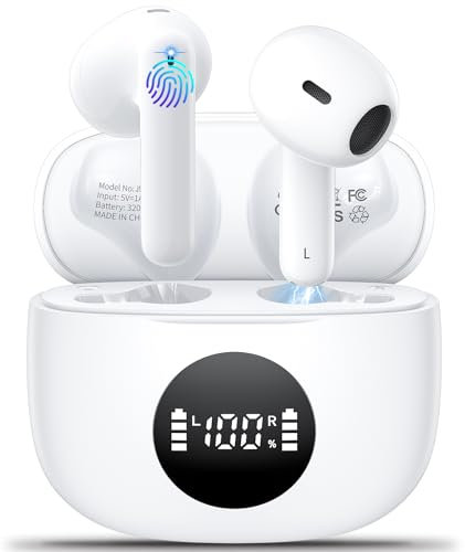 Cuffie Bluetooth,Auricolari Bluetooth 5.3 con Stereo HiFi Immersivo,Cuffie Wireless Mini Incorporato 4 HD Mic,40 Ore di Riproduzione, Touch Control,IP6 Impermeabili Cuffie Senza Fil,LED Display,Bianco