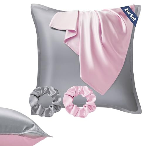 Seiwohl Satin Kissenbezug 80x80 2er Set, Weich wie Seidenkissenbezug Silk Pillowcase, Vegane Seide Kopfkissenbezug Kissenhülle Seidenkopfkissen für Haar und Haut mit Haargummis, Grau Rosa