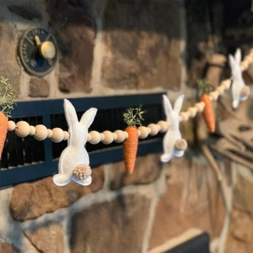 BaYuYPOO Ostergirlande, Osterhase Karotte Girlanden, künstliche Kaninchen, Karotte, Haustürkranz, Dekorationen, Holzperlen, Girlande, Kaninchen, hängende Banner, Frühlings-Ornamente für Zuhause,