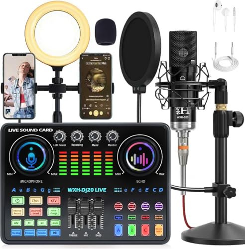 ALSO GO Podcast Equipment Bundle WXH520 Podcast Microphone with Voice Changer DJ20 Sound Card with Audio Interface Adjustable Stand Suitable for Podcasting, PC, Smartphone, Singing, Gaming